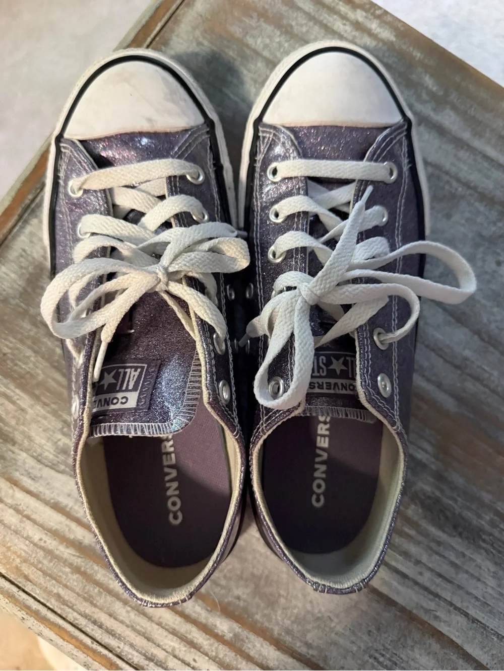 3 pairs of girls shoes…brown sandals, Glitter Purple Converse & patriotic clogs